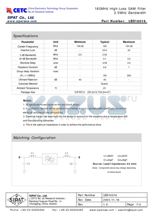 LBS16016 datasheet - 160MHz High-Loss SAW Filter 2.5MHz Bandwidth
