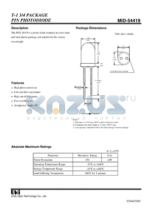 MID-54419 datasheet - T-1 3/4 PACKAGE PIN PHOTODIODE