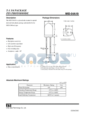 MID-54A19 datasheet - T-1 3/4 PACKAGE PIN PHOTODIODE