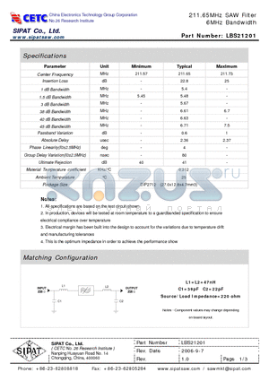 LBS21201 datasheet - 211.65MHz SAW Filter 6MHz Bandwidth
