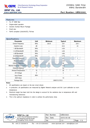 LBS23302 datasheet - 233MHz SAW Filter 4MHz Bandwidth