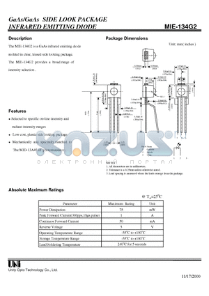 MIE-134G2 datasheet - GaAs/GaAs SIDE LOOK PACKAGE INFRARED EMITTING DIODE