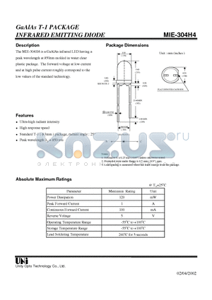 MIE-304H4 datasheet - GaAlAs T-1 PACKAGE INFRARED EMITTING DIODE