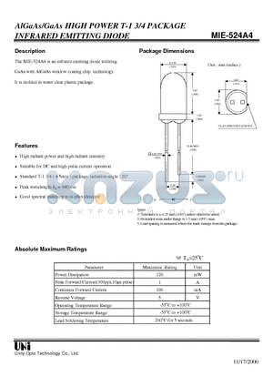 MIE-524A4 datasheet - AlGaAs/GaAs HIGH POWER T-1 3/4 PACKAGE INFRARED EMITTING DIODE