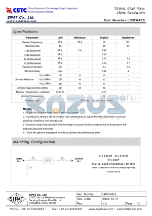 LBS70A35 datasheet - 70MHz SAW Filter 2MHz Bandwidth