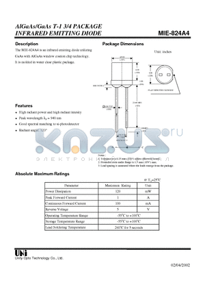 MIE-824A4 datasheet - AlGaAs/GaAs T-1 3/4 PACKAGE INFRARED EMITTING DIODE