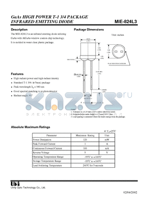 MIE-824L3 datasheet - GaAs HIGH POWER T-1 3/4 PACKAGE INFRARED EMITTING DIODE