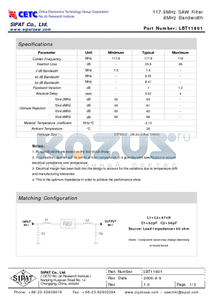 LBT11801 datasheet - 117.9MHz SAW Filter 8MHz Bandwidth