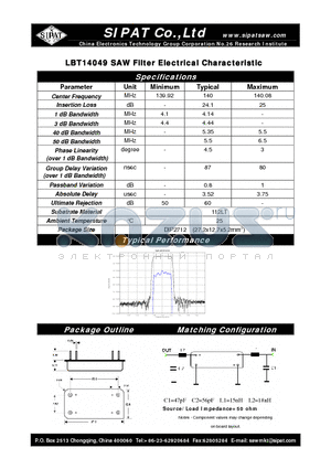 LBT14049 datasheet - SAW Filter Electrical Characteristic