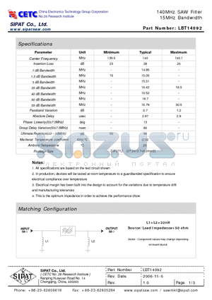 LBT14092 datasheet - 140MHz SAW Filter 15MHz Bandwidth