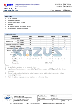 LBT83005 datasheet - 830MHz SAW Filter 20MHz Bandwidth