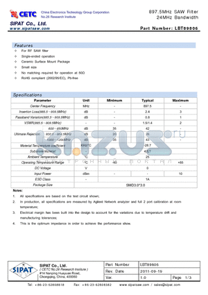 LBT89806 datasheet - 897.5MHz SAW Filter 24MHz Bandwidth