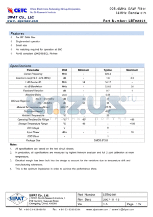 LBT92501 datasheet - 925.4MHz SAW Filter 14MHz Bandwidth