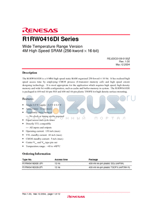 R1RW0416DI datasheet - Wide Temperature Range Version 4M High Speed SRAM (256-kword  16-bit)