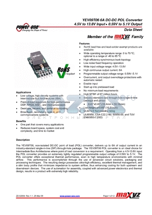 YEV09T06-0 datasheet - 6A DC-DC POL Converter 4.5V to 13.8V Input 0.59V to 5.1V Output