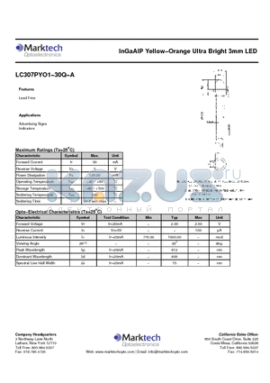 LC307PYO1-30Q-A datasheet - InGaAlP Yellow−Orange Ultra Bright 3mm LED