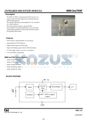 MIM-3377K6F datasheet - INFRARED RECEIVER MODULE