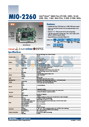 MIO-2260NF-S6A1E datasheet - Intel^ Atom N455 Pico-ITX SBC, DDR3, 18-bit LVDS, VGA, 1 GbE, Mini PCIe, 2 USB, 2 COM, MIOe