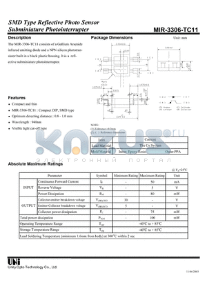 MIR-3306-TC11 datasheet - SMD Type Reflective Photo Sensor Subminiature Photointerrupter