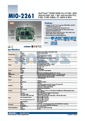 MIO-2261 datasheet - Intel^ Atom N2600/ N2800 Pico-ITX SBC, DDR3, 18/24-bit LVDS, VGA, 1 GbE, Half-size Mini PCIe, 4 USB, 2 COM, SMBus, I2C, mSATA & MIOe