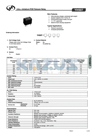 YH507/9Z1A datasheet - Ultra-miniature PCB Telecom Relay