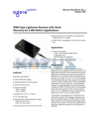 R485FPAA datasheet - R485-Type Lightwave Receiver with Clock Recovery for 2.488 Gbits/s Applications