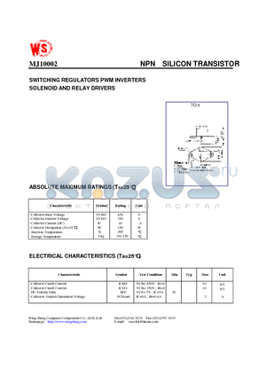 MJ10002 datasheet - NPN SILICON TRANSISTOR(SWITCHING REGULATORS PWM INVERTERS SOLENOID AND RELAY DRIVERS)