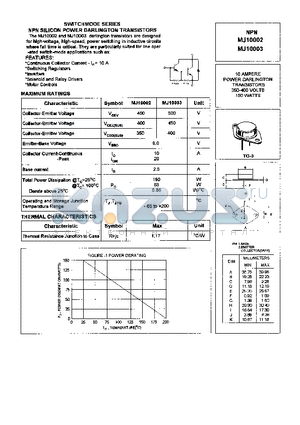 MJ10002 datasheet - SWITCHMODE SERIES NPN SILICON POWER DARLINGTON TRANSISTORS