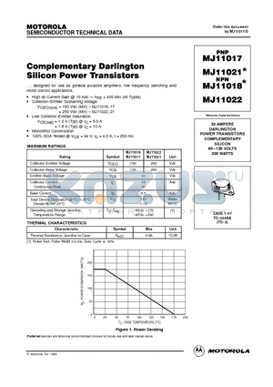 MJ11022 datasheet - 30 AMPERE DARLINGTON POWER TRANSISTORS COMPLEMENTARY SILICON 60.120 VOLTS 200 WATTS