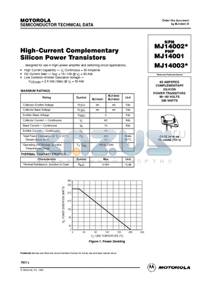 MJ14002 datasheet - 60 AMPERES COMPLEMENTARY SILICON POWER TRANSITORS 60-80 VOLTS 300 WATTS