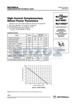 MJ14002 datasheet - COMPLEMENTARY SILICON POWER TRANSITORS