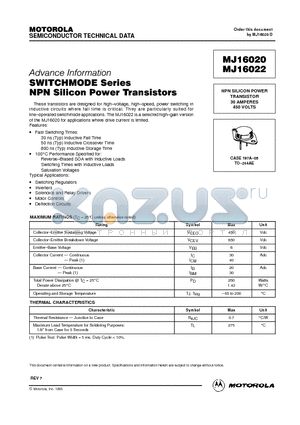 MJ16020 datasheet - NPN SILICON POWER TRANSISTOR