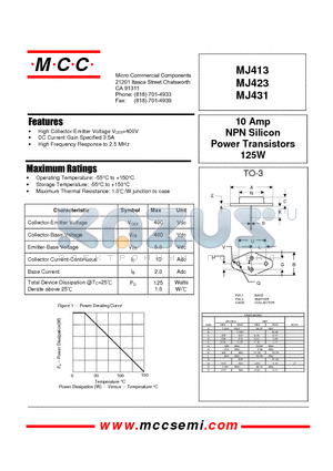 MJ431 datasheet - 10 Amp NPN Silicon Power Transistors 125W