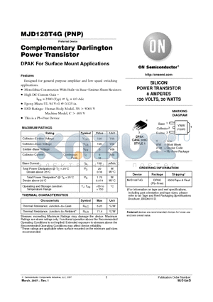 MJD128T4G datasheet - Complementary Darlington Power Transistor