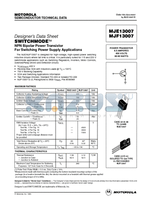 MJE13007 datasheet - POWER TRANSISTOR 8.0 AMPERES 400 VOLTS 80/40 WATTS