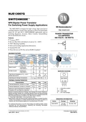 MJE13007G datasheet - NPN Bipolar Power Transistor For Switching Power Supply Applications
