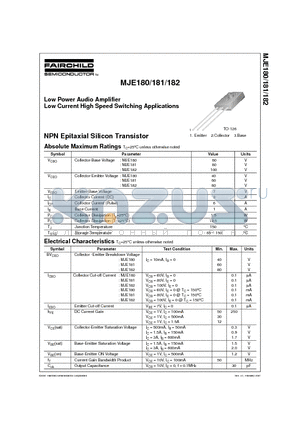 MJE180 datasheet - Low Power Audio Amplifier Low Current High Speed Switching Applications