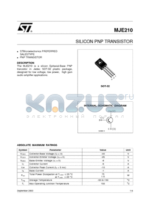 MJE210 datasheet - SILICON PNP TRANSISTOR