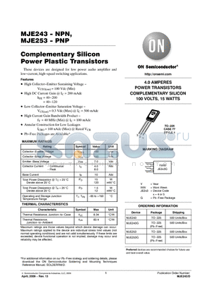 MJE253 datasheet - Complementary Silicon Power Plastic Transistors