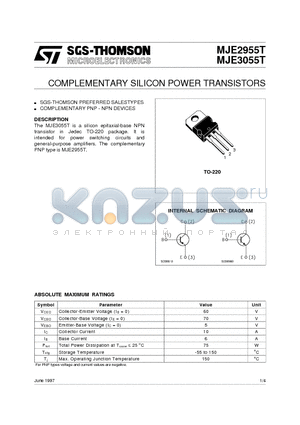 MJE3055 datasheet - COMPLEMENTARY SILICON POWER TRANSISTORS