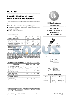 MJE340 datasheet - Plastic Medium−Power NPN Silicon Transistor