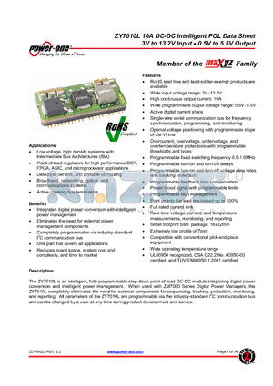 ZY7010LG-T1 datasheet - 10A DC-DC Intelligent POL 3V to 13.2V Input 0.5V to 5.5V Output