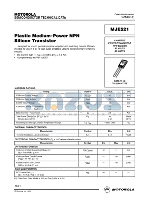 MJE521 datasheet - 4 AMPERE POWER TRANSISTOR NPN SILICON 40 VOLTS 40 WATTS