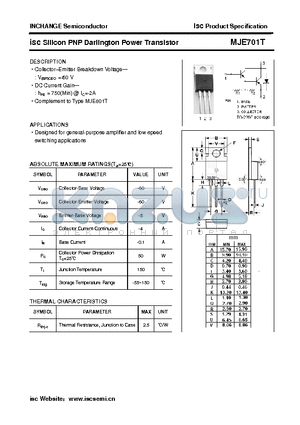 MJE701T datasheet - isc Silicon PNP Darlington Power Transistor