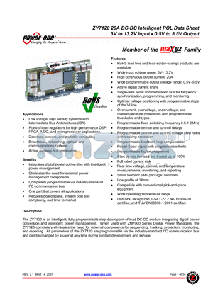 ZY7120L-T2 datasheet - 20A DC-DC Intelligent POL Data Sheet 3V to 13.2V Input  0.5V to 5.5V Output