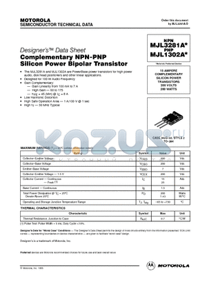MJL3281 datasheet - 15 AMPERE COMPLEMENTARY SILICON POWER TRANSISTORS 200 VOLTS 200 WATTS