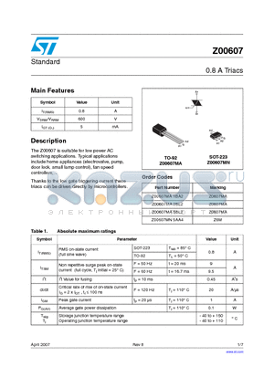 Z00607MA1BA2-ND datasheet - Standard 0.8 A Triacs