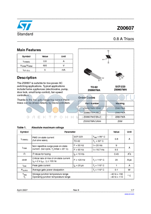 Z00607MN2BL2 datasheet - Standard 0.8 A Triacs