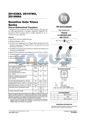 Z0103MA datasheet - Sensitive Gate Triacs Series Silicon Bidirectional Thyristors