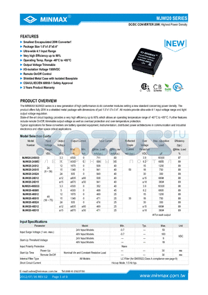 MJWI20-24S24 datasheet - DC/DC CONVERTER 20W, Highest Power Density